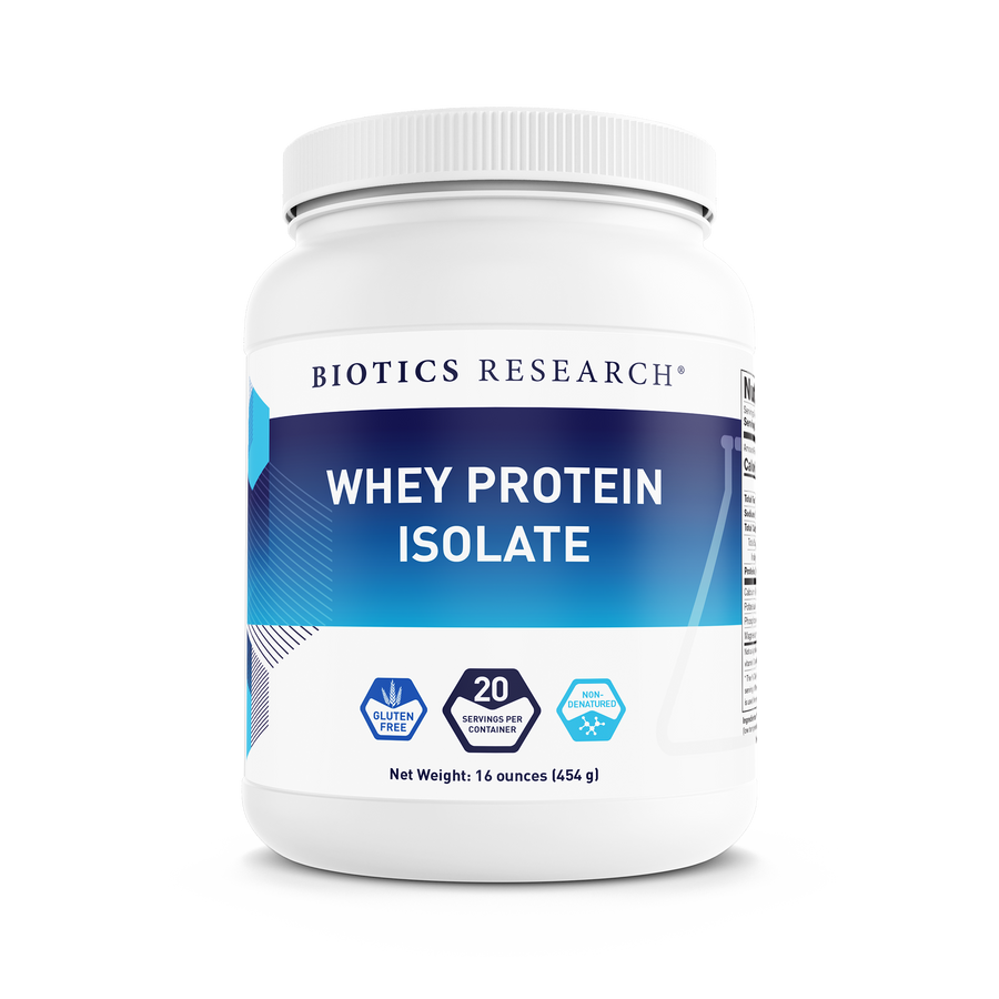 Biotics Research Whey Protein Isolate unflavored powder tub featuring gluten-free and non-GMO icons, 20 servings per container badge, and a net weight of 16 ounces (454 g).