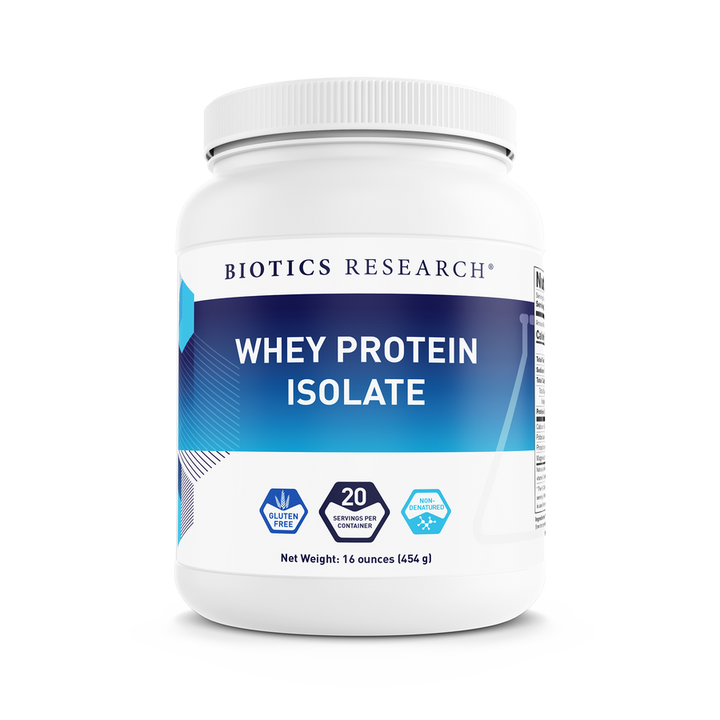 Biotics Research Whey Protein Isolate unflavored powder tub featuring gluten-free and non-GMO icons, 20 servings per container badge, and a net weight of 16 ounces (454 g).