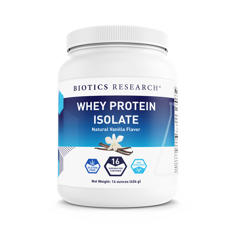 Biotics Research Whey Protein Isolate Natural Vanilla Flavor powder tub featuring vanilla flower graphics, gluten-free and non-GMO icons, and a net weight of 16 ounces (454 g).