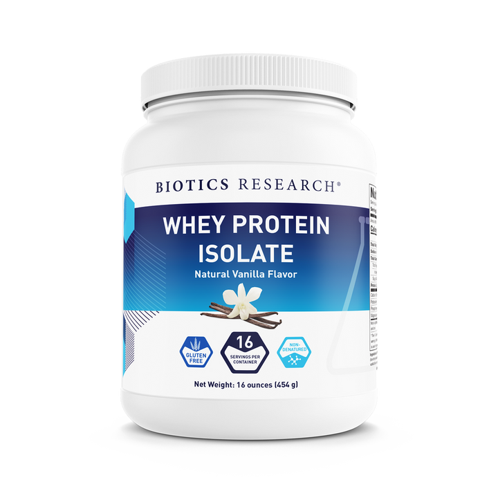 Biotics Research Whey Protein Isolate Natural Vanilla Flavor powder tub featuring vanilla flower graphics, gluten-free and non-GMO icons, and a net weight of 16 ounces (454 g).