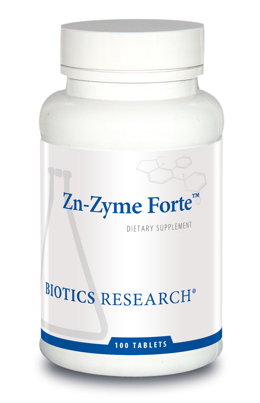 Biotics Research Zn-Zyme Forte dietary supplement bottle with white screw cap, blue accent banner, and label indicating 100 tablets