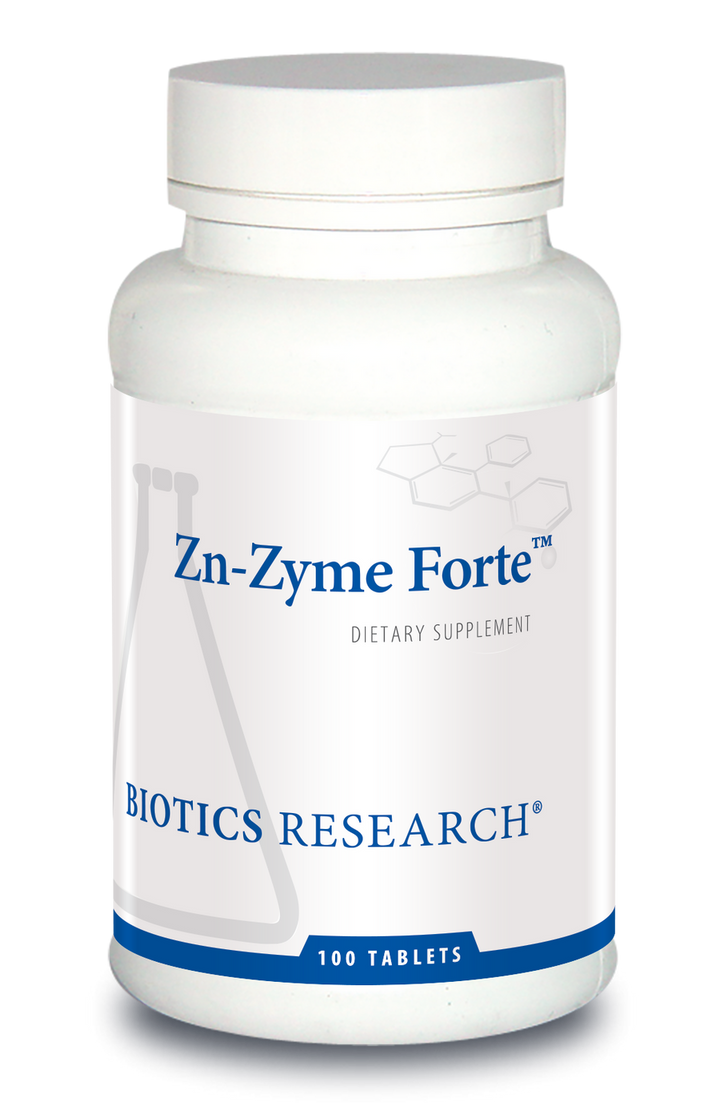 Biotics Research Zn-Zyme Forte dietary supplement bottle with white screw cap, blue accent banner, and label indicating 100 tablets