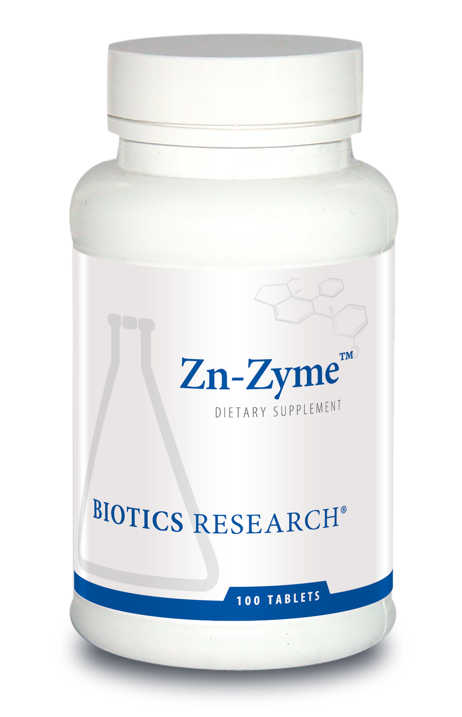 Biotics Research Zn-Zyme dietary supplement bottle with white screw cap, blue accent banner, and label indicating 100 tablets.