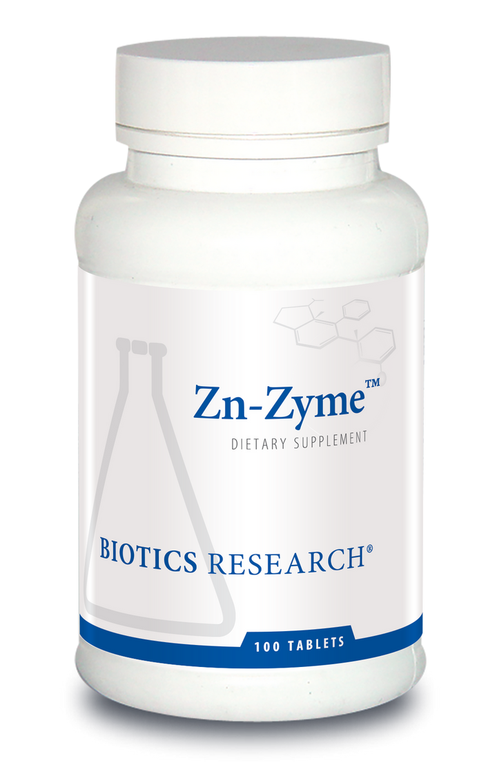 Biotics Research Zn-Zyme dietary supplement bottle with white screw cap, blue accent banner, and label indicating 100 tablets.