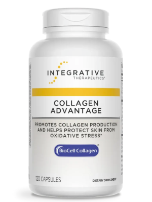 Integrative Therapeutics Collagen Advantage dietary supplement bottle featuring white packaging with a yellow stripe accent, Integrative Therapeutics logo, "Promotes Collagen Production and Helps Protect Skin From Oxidative Stress" text, BioCell Collagen logo, and a 120 capsules count.