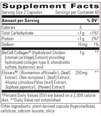 Supplement Facts panel on bottle for Integrative Therapeutics Collagen Advantage showing a serving size of 2 capsules with 60 servings per container, containing 5 calories, less than 1 g total carbohydrate, less than 1 g protein, 15 mg sodium, 1 g BioCell Collagen (hydrolyzed chicken sternal cartilage extract providing hydrolyzed collagen type II, chondroitin sulfate, and hyaluronic acid), and 250 mg Elissara (Rosmarinus officinalis, Olea europaea, Aloysia citriodora, and Sophora japonica extracts).