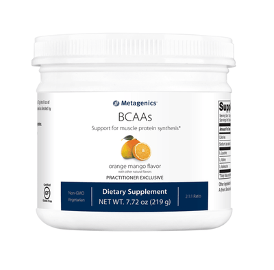 Photo of Metagenics BCAAs container. Orange Mango flavor