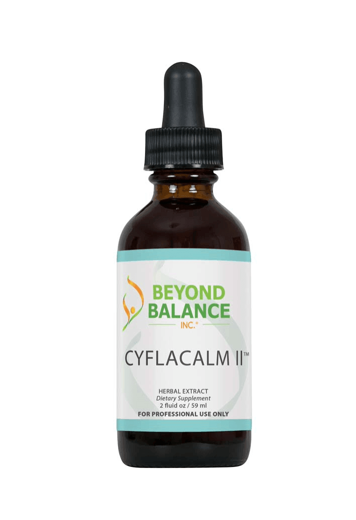 Beyond Balance CYFLACALM II liquid herbal extract supplement bottle with dropper cap, teal accent borders, and label indicating 2 fluid oz (59 ml) for professional use only.