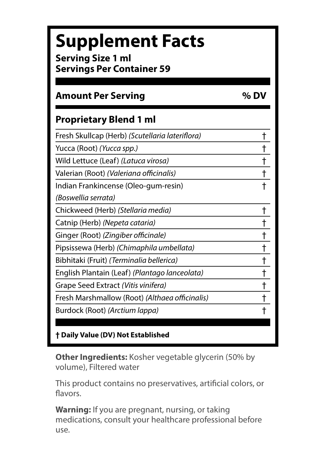 Supplement Facts label for a liquid extract showing a serving size of 1 ml and 59 servings per container, detailing a 1 ml proprietary blend of Fresh Skullcap, Yucca Root, Wild Lettuce Leaf, Valerian Root, Indian Frankincense, Chickweed, Catnip, Ginger Root, Pipsissewa, Bibhitaki Fruit, English Plantain Leaf, Grape Seed Extract, Fresh Marshmallow Root, and Burdock Root.