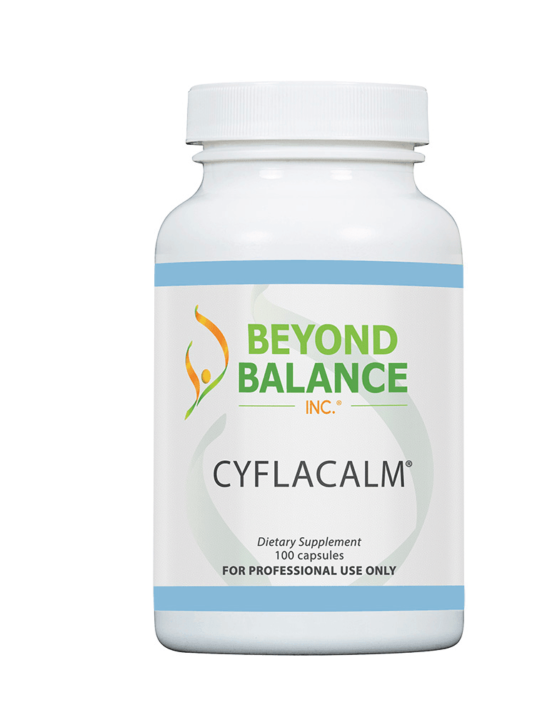 Beyond Balance CYFLACALM supplement bottle with white cap, light blue accent borders, and label indicating 100 dietary capsules for professional use only.