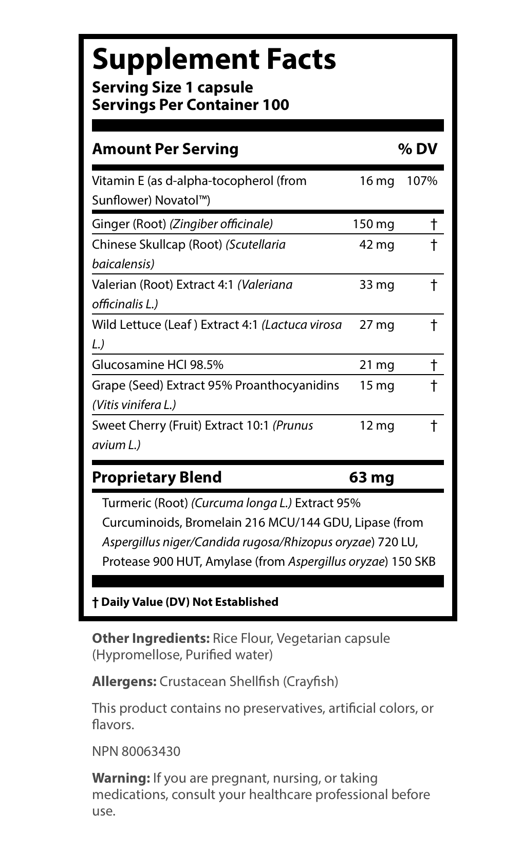 Supplement Facts label showing a serving size of 1 capsule and 100 servings per container, detailing Vitamin E, Ginger Root, Chinese Skullcap Root, Valerian Root Extract, Wild Lettuce Leaf Extract, Glucosamine HCl, Grape Seed Extract, Sweet Cherry Fruit Extract, and a 63 mg proprietary blend containing Turmeric Root Extract, Bromelain, Lipase, Protease, and Amylase.