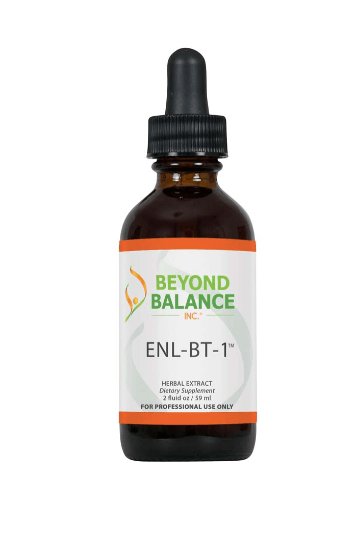 Beyond Balance ENL-BT-1 liquid herbal extract supplement bottle with dropper cap, orange accent borders, and label indicating 2 fluid oz (59 ml) for professional use only