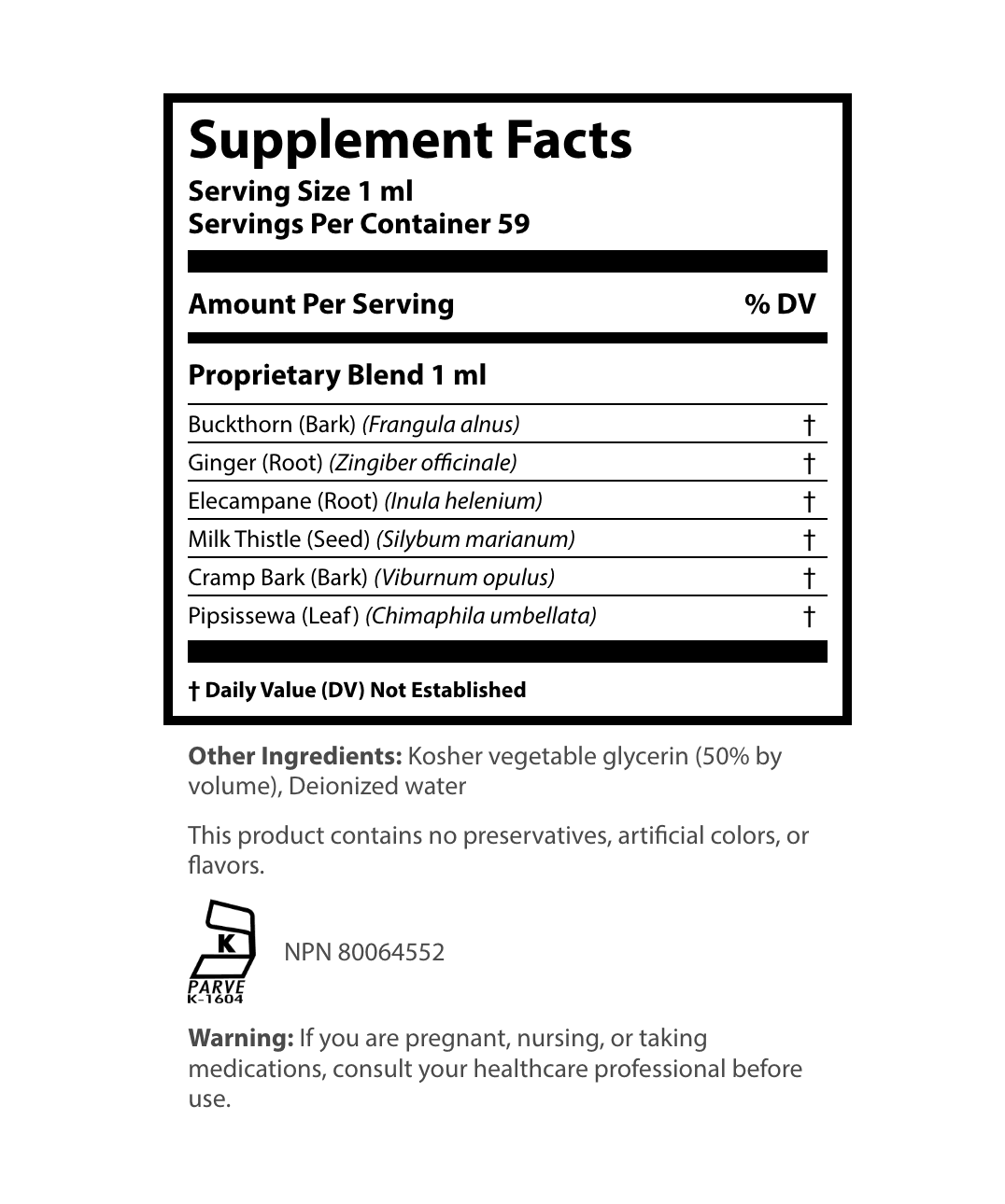 Supplement Facts label for a liquid extract showing a serving size of 1 ml and 59 servings per container, detailing a 1 ml proprietary blend of Buckthorn Bark, Ginger Root, Elecampane Root, Milk Thistle Seed, Cramp Bark, and Pipsissewa Leaf