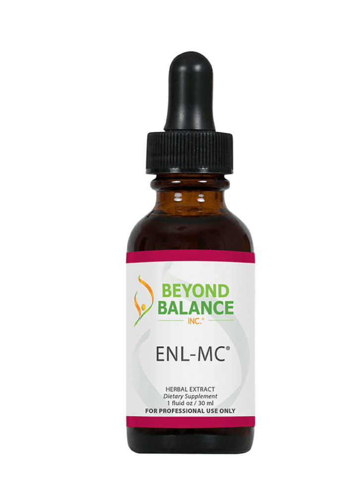 Beyond Balance ENL-MC liquid herbal extract supplement bottle with dropper cap, deep pink/magenta accent borders, and label indicating 1 fluid oz (30 ml) for professional use only.