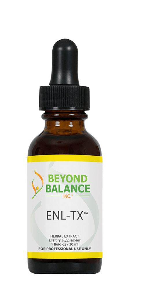 Beyond Balance ENL-TX liquid herbal extract supplement bottle with dropper cap, yellow accent borders, and label indicating 1 fluid oz (30 ml) for professional use only.