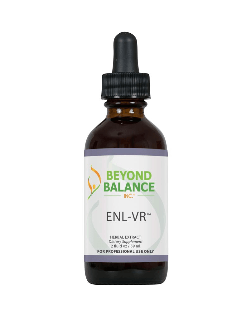 Beyond Balance ENL-VR liquid herbal extract supplement bottle with dropper cap, slate blue accent borders, and label indicating 2 fluid oz (59 ml) for professional use only.