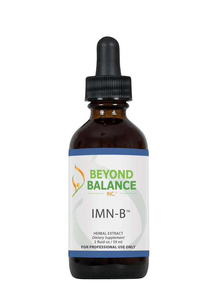 Beyond Balance IMN-B liquid herbal extract supplement bottle with dropper cap, blue accent borders, and label indicating 2 fluid oz (59 ml) for professional use only