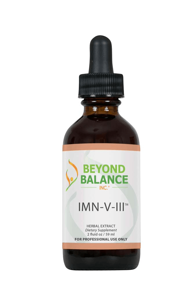 Beyond Balance IMN-V-III liquid herbal extract supplement bottle with dropper cap, peach accent borders, and label indicating 2 fluid oz (59 ml) for professional use only.