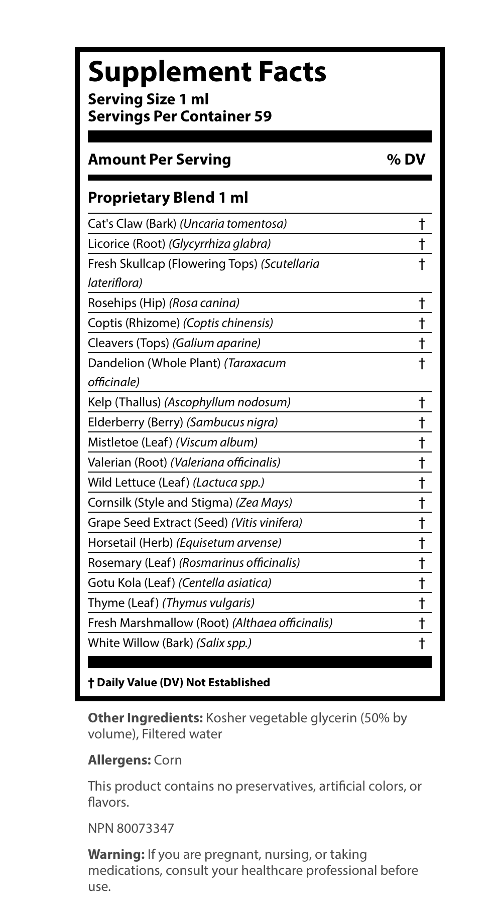 Supplement Facts label for a liquid extract showing a serving size of 1 ml and 59 servings per container, detailing a 1 ml proprietary blend of Cat's Claw Bark, Licorice Root, Fresh Skullcap Flowering Tops, Rosehips, Coptis Rhizome, Cleavers Tops, Dandelion Whole Plant, Kelp Thallus, Elderberry, Mistletoe Leaf, Valerian Root, Wild Lettuce Leaf, Cornsilk Style and Stigma, Grape Seed Extract, Horsetail Herb, Rosemary Leaf, Gotu Kola Leaf, Thyme Leaf, Fresh Marshmallow Root, and White Willow Bark.