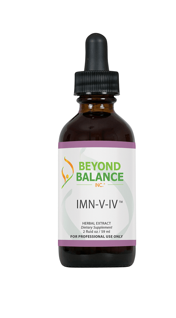 Beyond Balance IMN-V-IV liquid herbal extract supplement bottle with dropper cap, purple accent borders, and label indicating 2 fluid oz (59 ml) for professional use only.