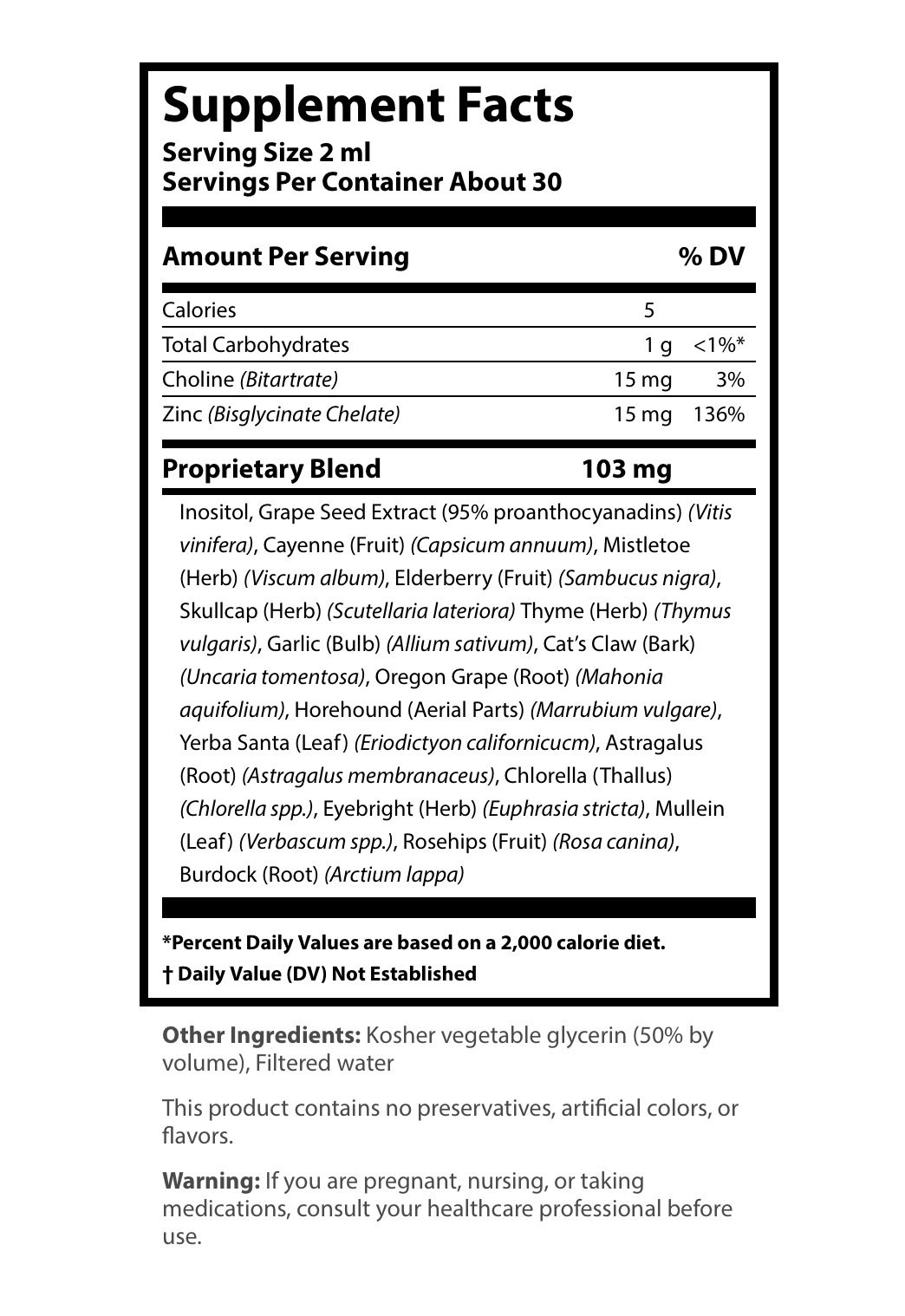 Supplement Facts label for a liquid extract showing a serving size of 2 ml and about 30 servings per container, detailing Calories, Total Carbohydrates, Choline, Zinc, and a 103 mg proprietary blend containing Inositol, Grape Seed Extract, Cayenne, Mistletoe, Elderberry, Skullcap, Thyme, Garlic, Cat's Claw, Oregon Grape, Horehound, Yerba Santa, Astragalus, Chlorella, Eyebright, Mullein, Rosehips, and Burdock.
