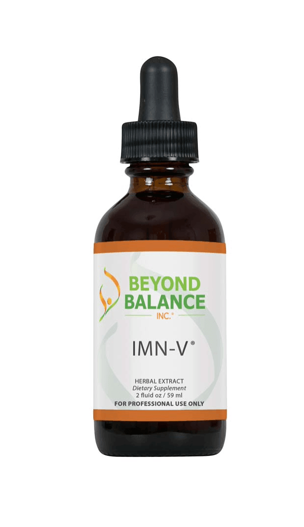 Beyond Balance IMN-V liquid herbal extract supplement bottle with dropper cap, orange accent borders, and label indicating 2 fluid oz (59 ml) for professional use only