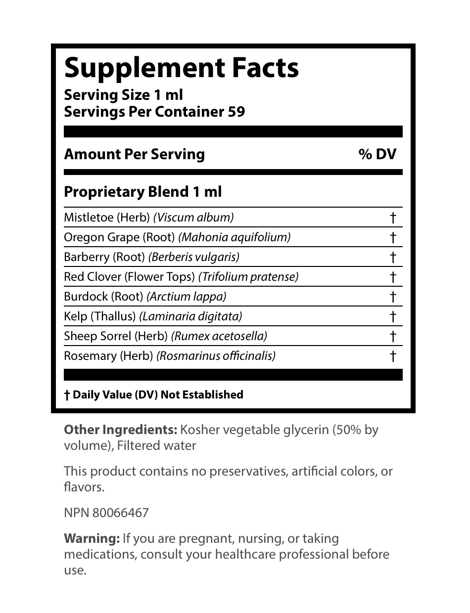 Supplement Facts label for a liquid extract showing a serving size of 1 ml and 59 servings per container, detailing a 1 ml proprietary blend of Mistletoe Herb, Oregon Grape Root, Barberry Root, Red Clover Flower Tops, Burdock Root, Kelp Thallus, Sheep Sorrel Herb, and Rosemary Herb.