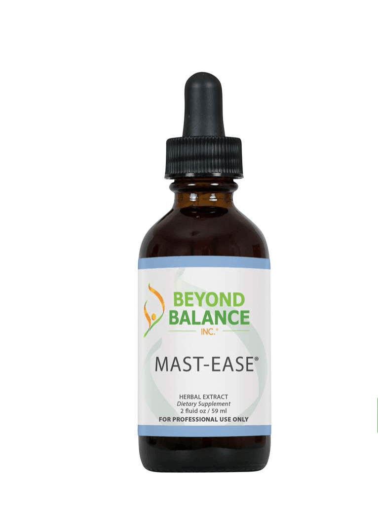 Beyond Balance MAST-EASE liquid herbal extract supplement bottle with dropper cap, light blue accent borders, and label indicating 2 fluid oz (59 ml) for professional use only.