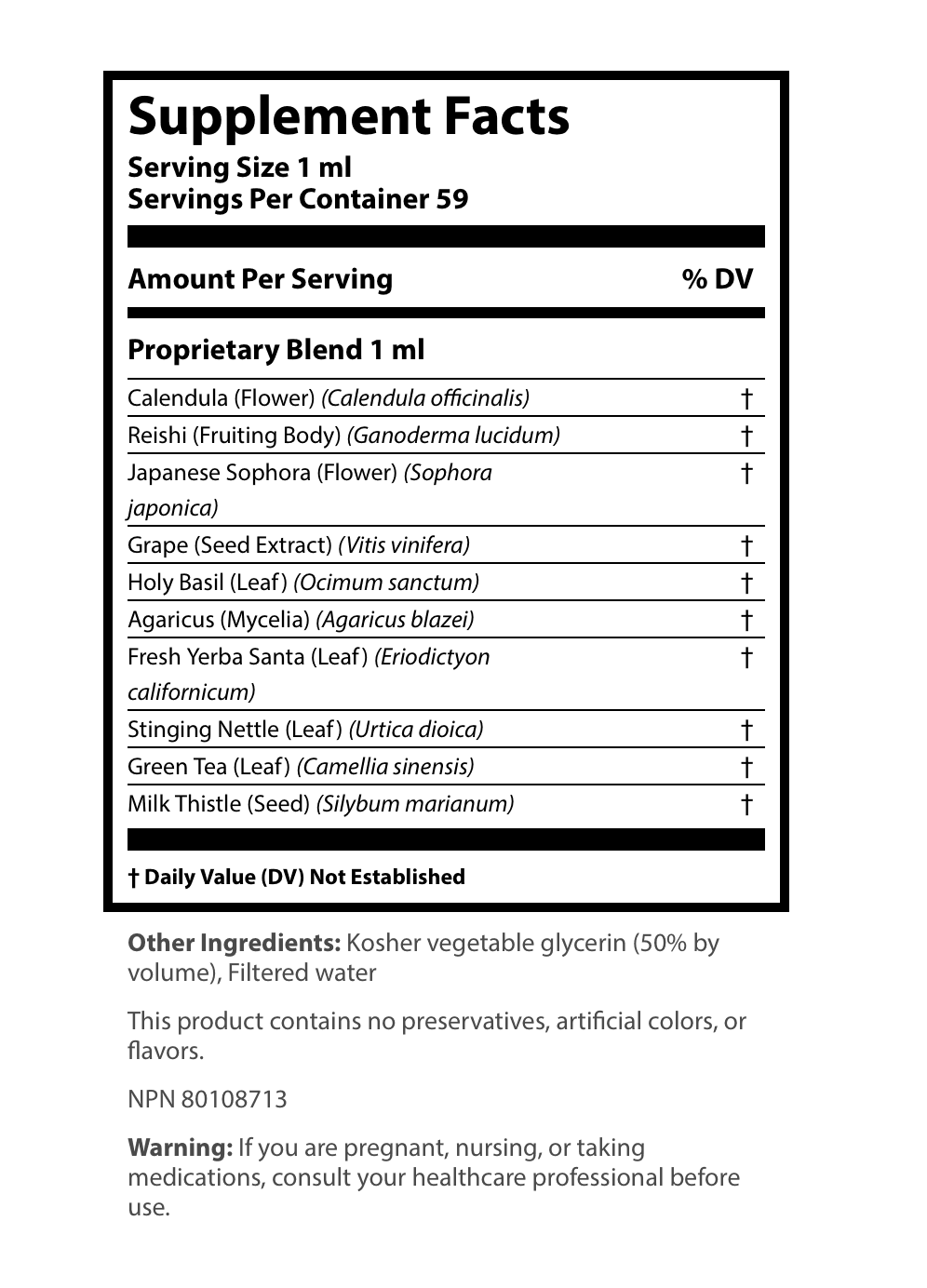 Supplement Facts label for a liquid extract showing a serving size of 1 ml and 59 servings per container, detailing a 1 ml proprietary blend of Calendula Flower, Reishi Fruiting Body, Japanese Sophora Flower, Grape Seed Extract, Holy Basil Leaf, Agaricus Mycelia, Fresh Yerba Santa Leaf, Stinging Nettle Leaf, Green Tea Leaf, and Milk Thistle Seed.