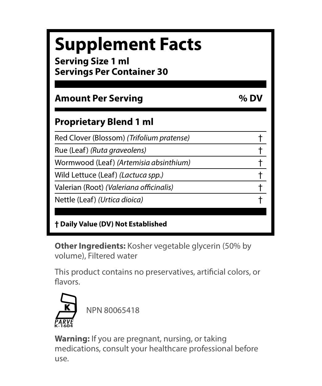 Supplement Facts label for a liquid extract showing a serving size of 1 ml and 30 servings per container, detailing a 1 ml proprietary blend of Red Clover Blossom, Rue Leaf, Wormwood Leaf, Wild Lettuce Leaf, Valerian Root, and Nettle Leaf.