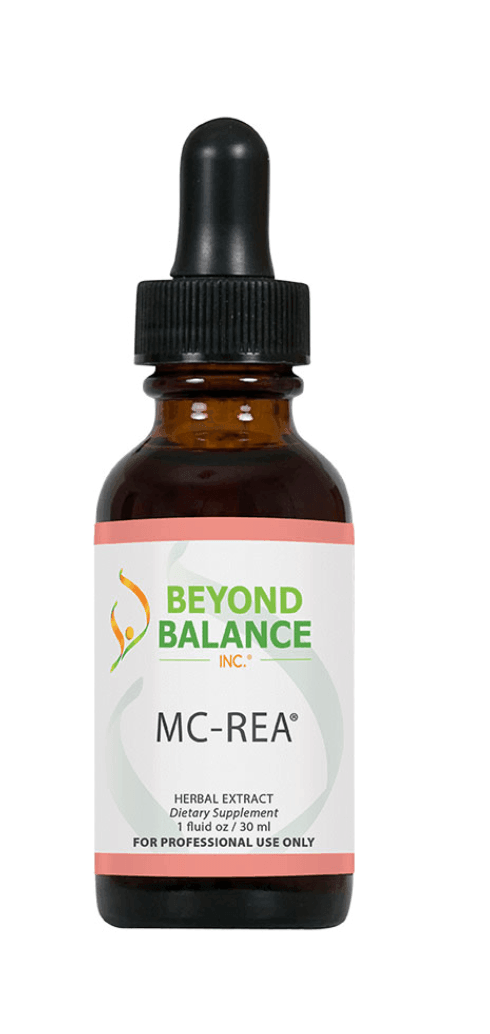 Beyond Balance MC-REA liquid herbal extract supplement bottle with dropper cap, soft salmon pink accent borders, and label indicating 1 fluid oz (30 ml) for professional use only.