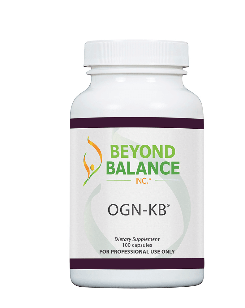 Beyond Balance OGN-KB supplement bottle with white cap, dark purple accent borders, and label indicating 100 dietary capsules for professional use only