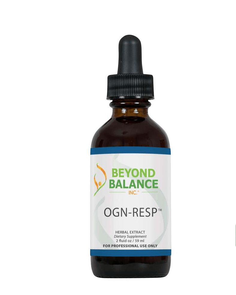 Beyond Balance OGN-RESP liquid herbal extract supplement bottle with dropper cap, blue accent borders, and label indicating 2 fluid oz (59 ml) for professional use only.
