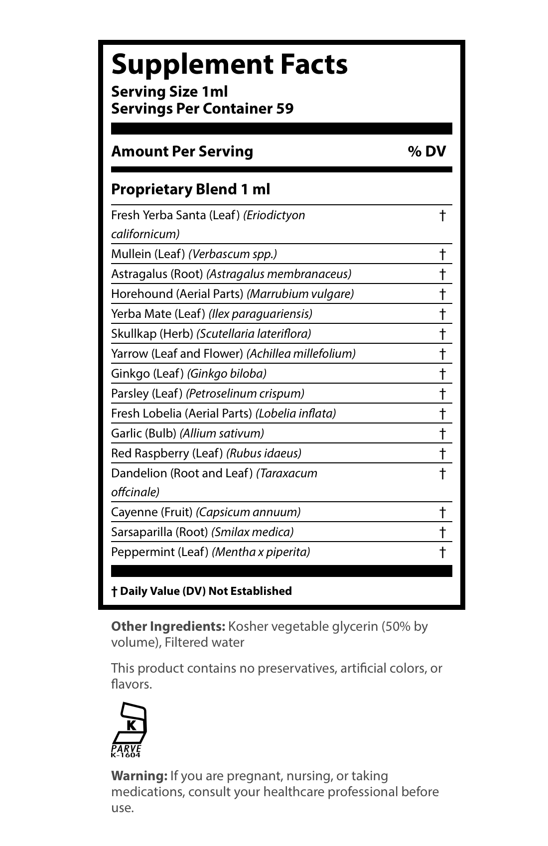 Supplement Facts label for a liquid extract showing a serving size of 1 ml and 59 servings per container, detailing a 1 ml proprietary blend of Fresh Yerba Santa, Mullein, Astragalus, Horehound, Yerba Mate, Skullkap, Yarrow, Ginkgo, Parsley, Fresh Lobelia, Garlic, Red Raspberry, Dandelion, Cayenne, Sarsaparilla, and Peppermint.