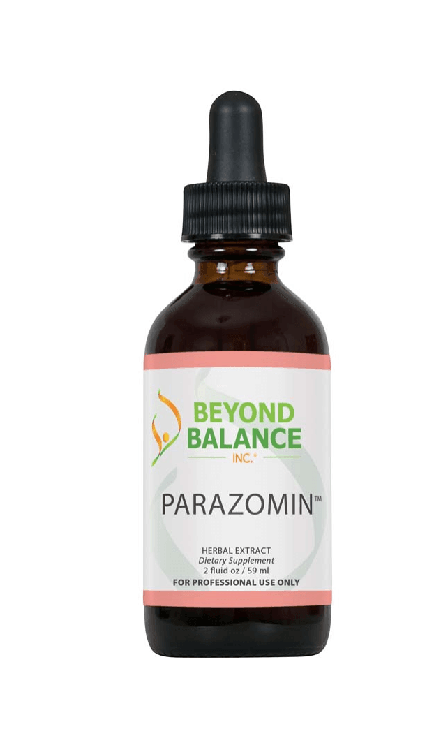 Beyond Balance PARAZOMIN liquid herbal extract supplement bottle with dropper cap, coral pink accent borders, and label indicating 2 fluid oz (59 ml) for professional use only.