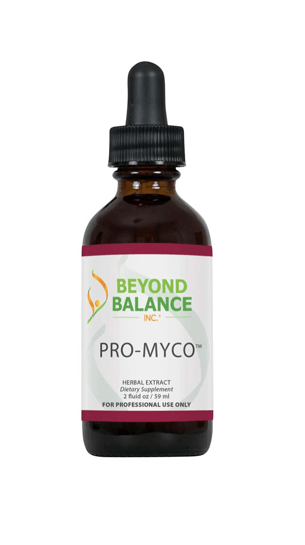 Beyond Balance PRO-MYCO liquid herbal extract supplement bottle with dropper cap, deep magenta/maroon accent borders, and label indicating 2 fluid oz (59 ml) for professional use only.