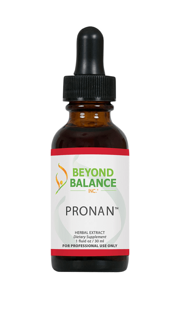 Beyond Balance PRONAN liquid herbal extract supplement bottle with dropper cap, red accent borders, and label indicating 1 fluid oz (30 ml) for professional use only.