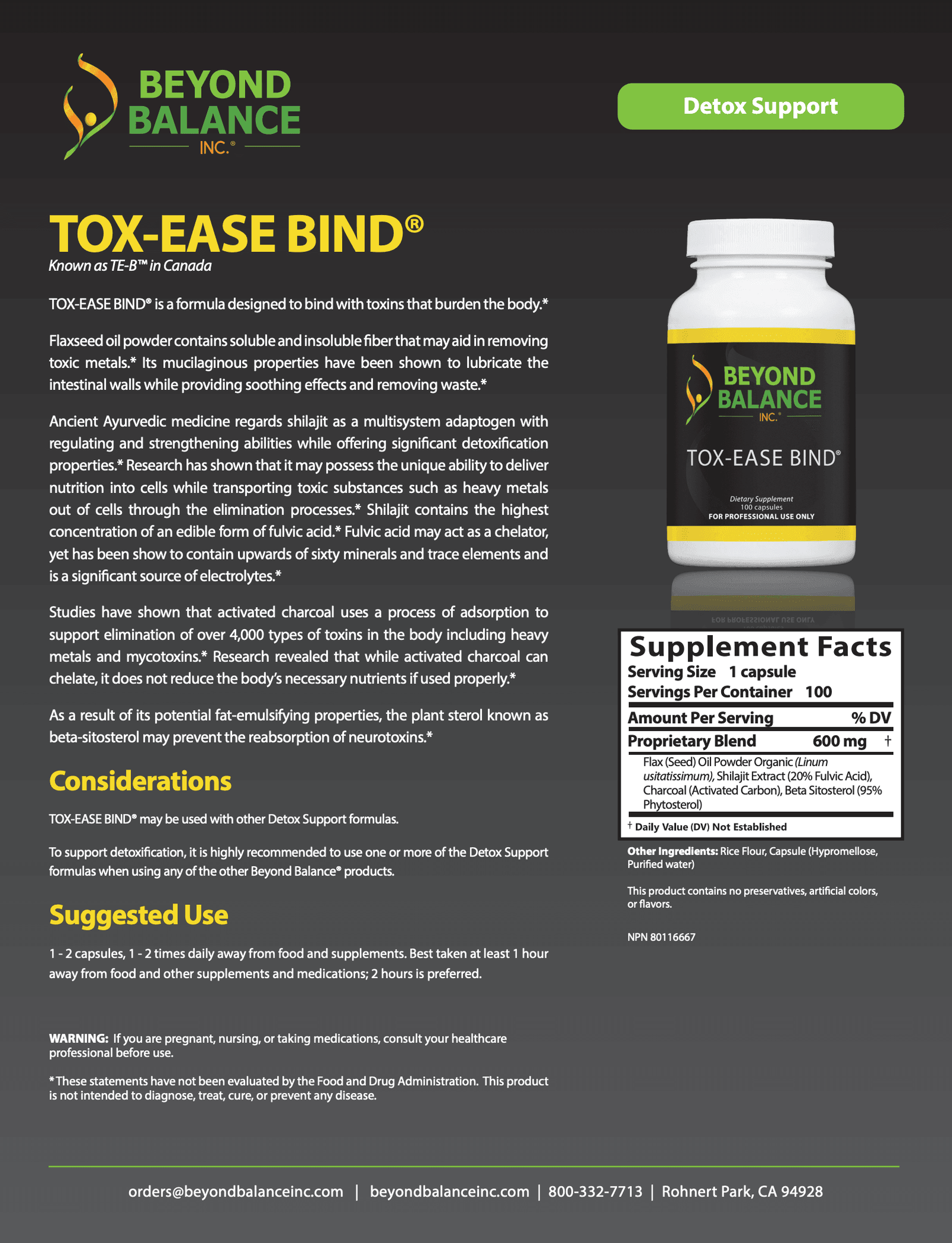 Beyond Balance Tox-Ease Bind product info sheet featuring description, considerations, suggested use instructions, bottle image, and Supplement Facts label detailing ingredients like organic flaxseed oil powder, shilajit extract, activated charcoal, and beta-sitosterol