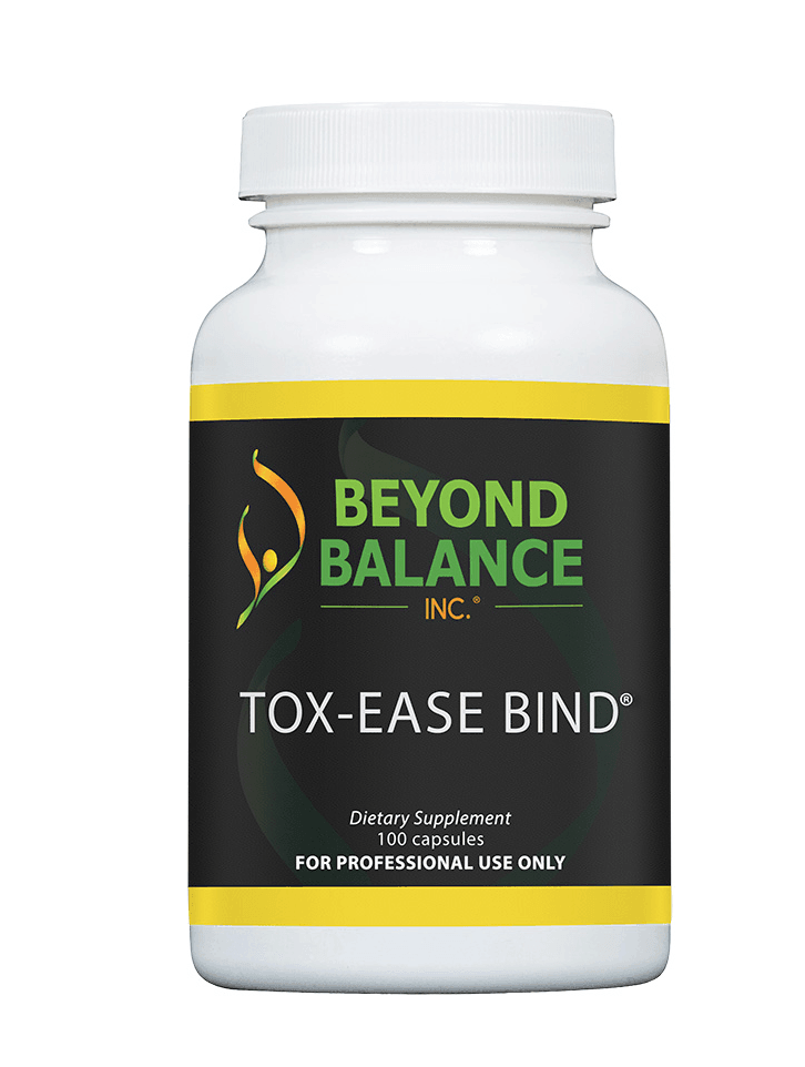Beyond Balance TOX-EASE BIND dietary supplement bottle with white screw cap, black label with yellow accent borders, and label indicating 100 capsules for professional use only.