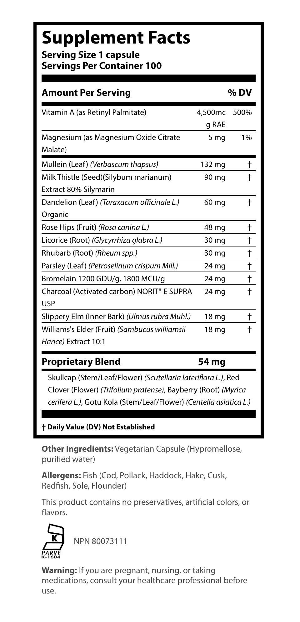 Supplement Facts label for a capsule supplement showing a serving size of 1 capsule and 100 servings per container, detailing Vitamin A, Magnesium, Mullein Leaf, Milk Thistle Seed Extract, Organic Dandelion Leaf, Rose Hips Fruit, Licorice Root, Rhubarb Root, Parsley Leaf, Bromelain, Activated Charcoal, Slippery Elm Inner Bark, Williams's Elder Fruit Extract, and a 54 mg proprietary blend.