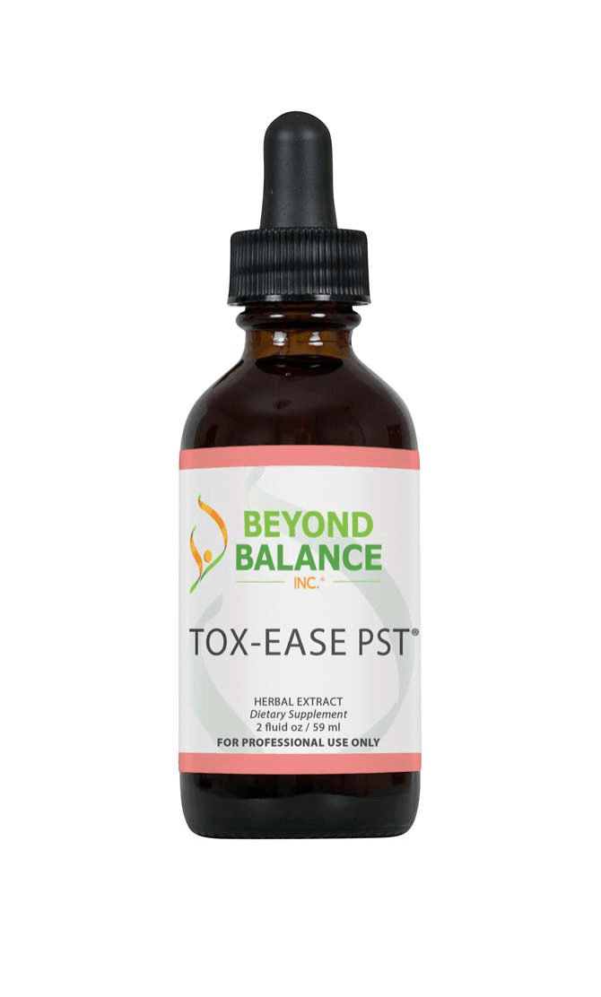 Beyond Balance TOX-EASE PST liquid herbal extract supplement bottle with dropper cap, light coral/pink accent borders, and label indicating 2 fluid oz (59 ml) for professional use only.