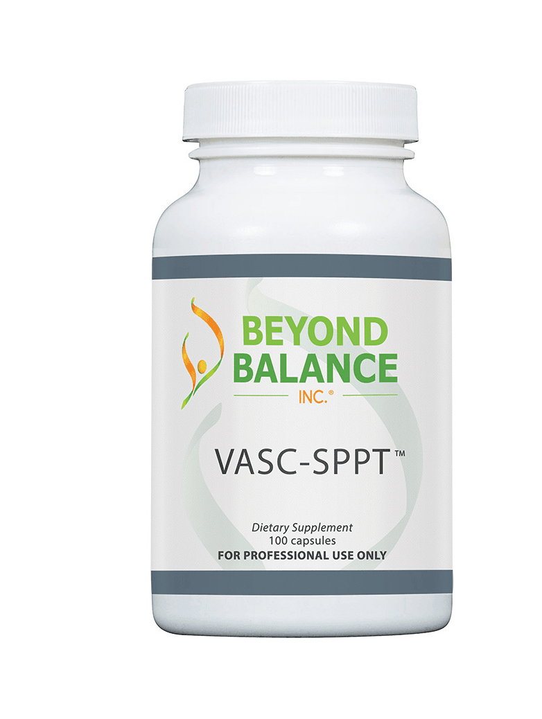 Beyond Balance VASC-SPPT supplement bottle with white cap, gray accent borders, and label indicating 100 dietary capsules for professional use only