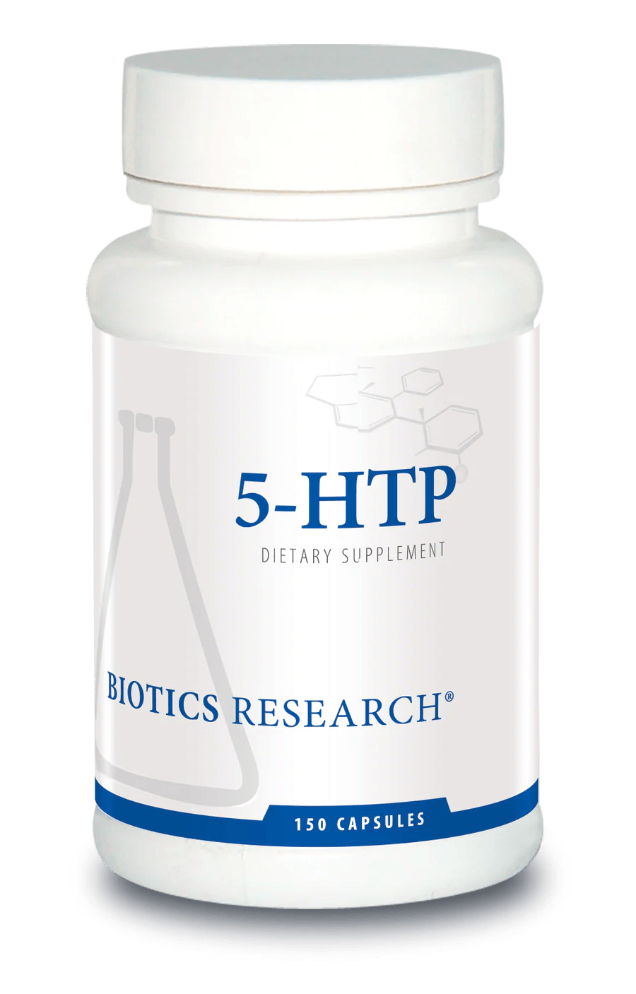 Biotics Research 5-HTP dietary supplement bottle featuring white packaging with blue accents, a laboratory beaker graphic, and a 150 capsules count.