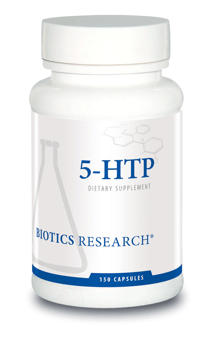Biotics Research 5-HTP dietary supplement bottle featuring white packaging with blue accents, a laboratory beaker graphic, and a 150 capsules count.