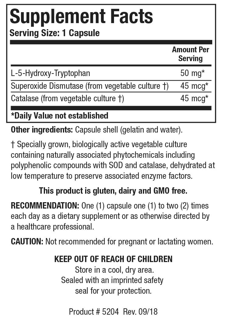Supplement Facts label for Biotics Research 5-HTP showing a serving size of 1 capsule, containing 50 mg of L-5-Hydroxy-Tryptophan, along with superoxide dismutase and catalase from vegetable culture