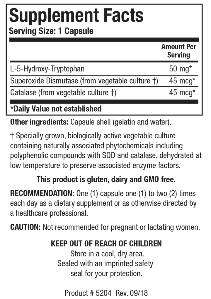 Supplement Facts label for Biotics Research 5-HTP showing a serving size of 1 capsule, containing 50 mg of L-5-Hydroxy-Tryptophan, along with superoxide dismutase and catalase from vegetable culture