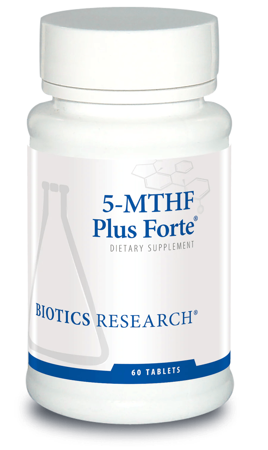 Biotics Research 5-MTHF Plus Forte dietary supplement bottle featuring white packaging with blue accents, a laboratory beaker graphic, and a 60 tablets count.