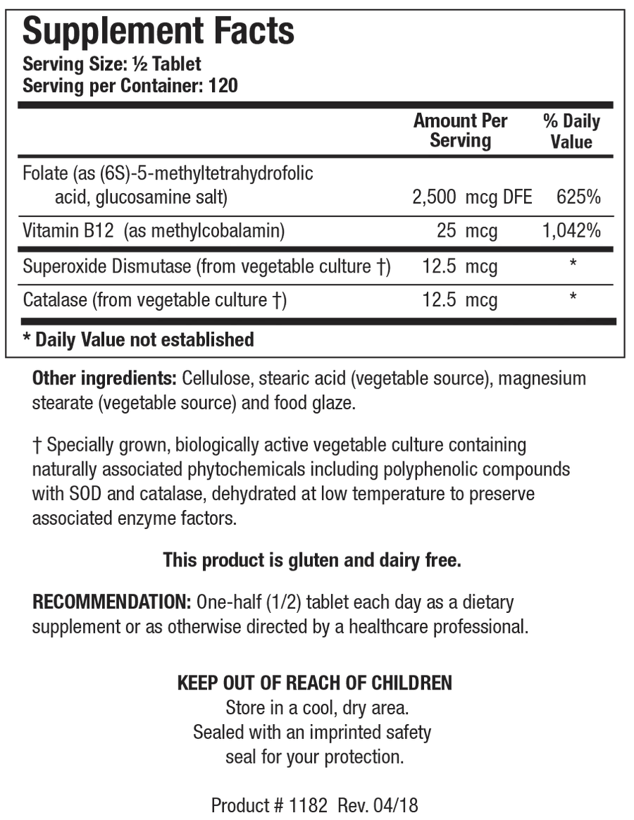 Supplement Facts label for Biotics Research 5-MTHF Plus Forte showing a serving size of 1/2 tablet, containing 2,500 mcg DFE of folate (as (6S)-5-methyltetrahydrofolic acid, glucosamine salt), 25 mcg of Vitamin B12 (as methylcobalamin), superoxide dismutase, and catalase from vegetable culture.