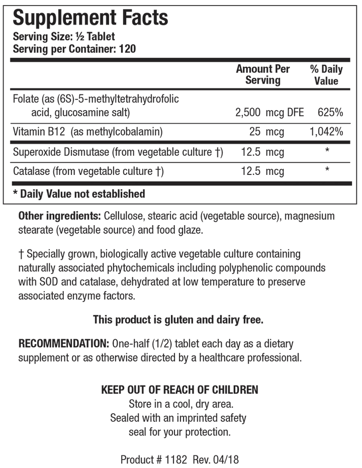 Supplement Facts label for Biotics Research 5-MTHF Plus Forte showing a serving size of 1/2 tablet, containing 2,500 mcg DFE of folate (as (6S)-5-methyltetrahydrofolic acid, glucosamine salt), 25 mcg of Vitamin B12 (as methylcobalamin), superoxide dismutase, and catalase from vegetable culture.