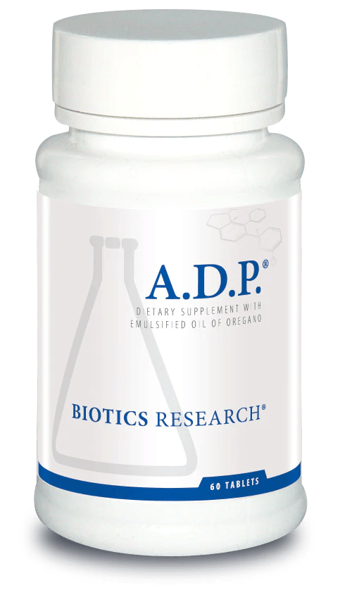 Biotics Research A.D.P. dietary supplement bottle featuring white packaging with blue accents, a laboratory beaker graphic, emulsified oil of oregano formulation, and a 60 tablets count.
